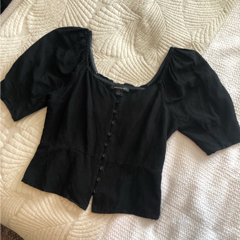 Something Navy Black Linen Button Down Top